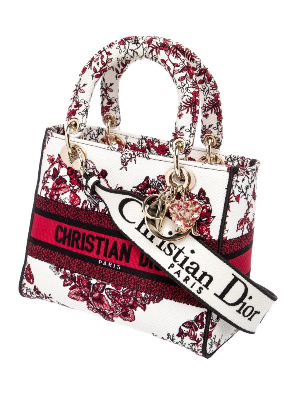 Dior White and Red Floral Lady Dior with Gold Hardware